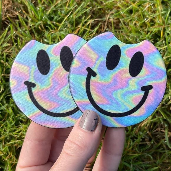 Rainbow Holographic Smiley Face Car Coaster Set | Car Access - Picture 3 of 12